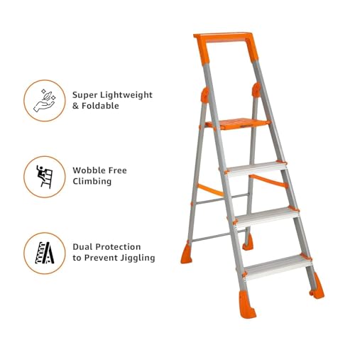 Image of Amazon Basics Clamber Pro+ - Foldable Step Ladder with Tool Tray, Firm Grip, 4 Steps (Aluminium Steps, Orange & Satin)