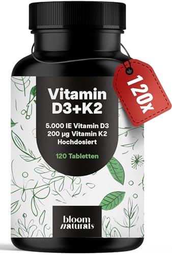 Vitamin D3 K2 hochdosiert 120 Tabletten mit 5000 IE D3 & 200 g K2 99 7+% All-Trans K2-MK7 - Vitamin D - produziert in Deutschland - Verpackung kann variieren