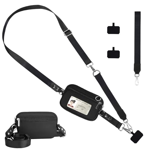 Clip and Go Sangle de téléphone, fenêtre transparente pour carte d'identité, bandoulière réglable avec portefeuille, sangle de poignet amovible, pochette à fermeture éclair, pour tout le monde, noir Clip and Go Sangle de téléphone, fenêtre transparente pour carte d'identité, bandoulière réglable avec portefeuille, sangle de poignet amovible, pochette à fermeture éclair, pour tout le monde, noir