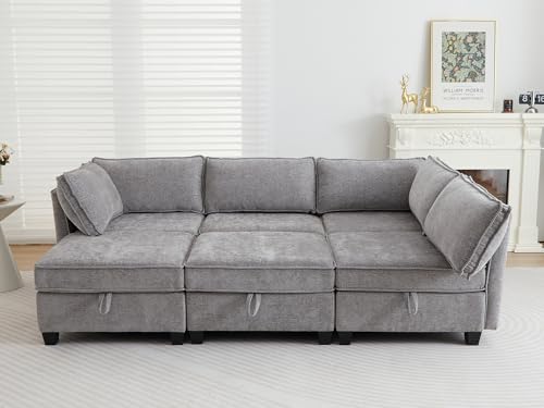Image of ORRD Sleeper Modular Sectional Sofa Set, Convertible Couch Bed with Storage, 6 Seater and 3 Armrestes Sofa Modular for Living Room, Office (Grey)