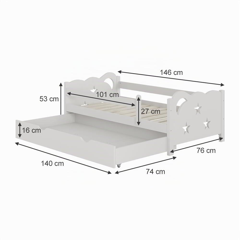 VitaliSpa Cama Infantil Jessica, Blanco, 70x140 cm | con cajón, sin colchón, extensible como cama juvenil, combinable con la serie Jessica