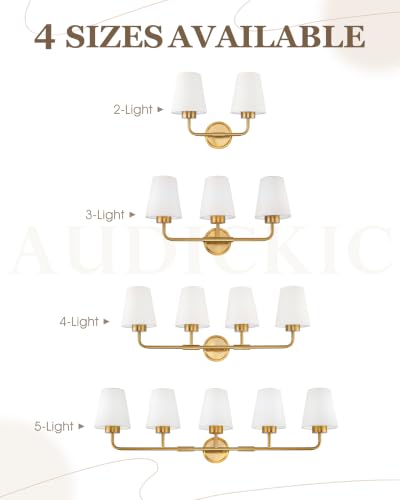 Image of 5-Light Gold Bathroom Light Fixtures with White Fabric Shades