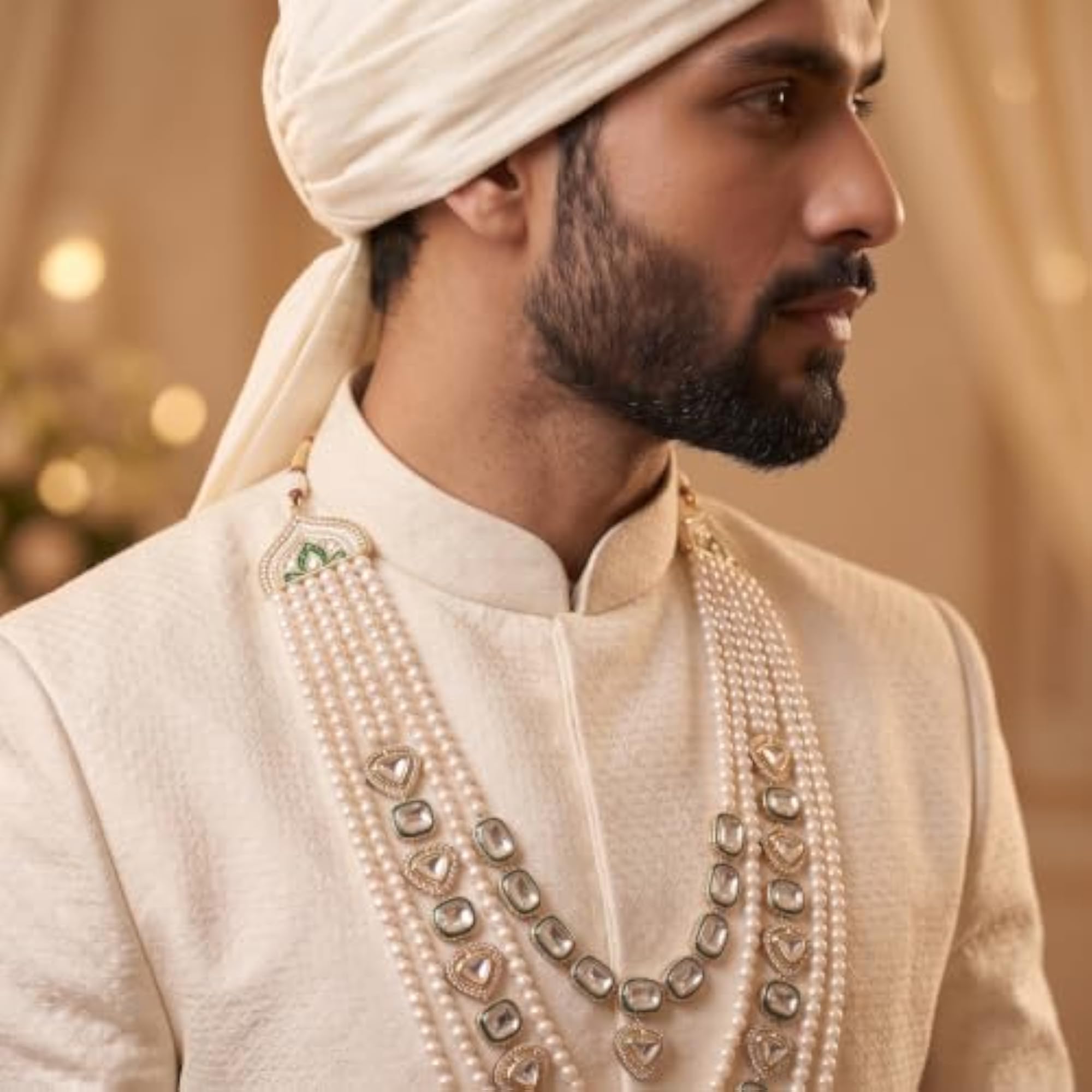 Men's Green Kundan & Pearl Dulha Mala Multi-Layered Necklace for Sherwani