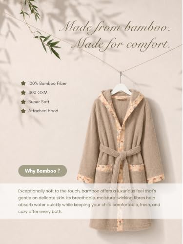 Image of RANGOLI Premium 100% Bamboo Kids Bathrobe, 460 Gsm | Ultra Soft, Hooded Bathrobe For Boys and Girls With 2 Pockets And Attached Adjustable Belt | Gown Bathrobe For Kids From Age 5 To 6 Years | Beige
