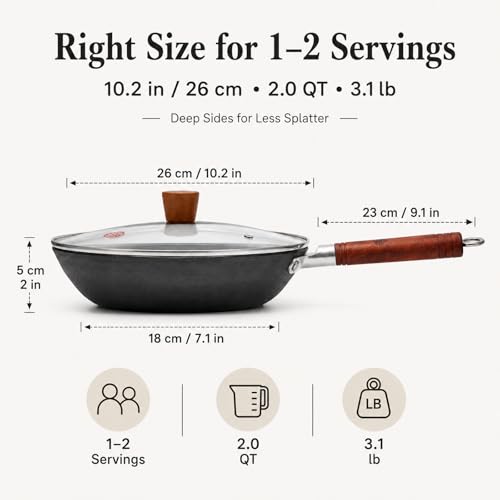 Image of WANGYUANJI 10.2-Inch Cast Iron Skillet with Glass Lid, Uncoated Frying Pan with Flat Bottom for Induction, Gas & Electric Stovetops, Small Egg Pan for Breakfast, Steak & Sauteing