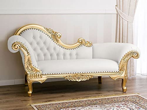 Image of Chaise Lounge Royal Carving Sofa Design Golden Polished and Leatherette Cover (3-Person Sofa, White)