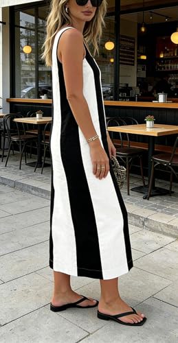 Image of CHARTOU Women Summer Sleeveless Linen Dress Contrast Color Maxi Long Beach Vacation Tank Dress