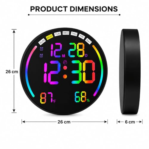Image of HOME SKILL 10 inch RGB Digital Alarm Wall Clock Table Clock with Remote, Auto Dimmer,Temperature, Humidity, Dual Alarms, for Living Room, Gym, Garage, Gift, Home Decor (RGB Round WALL Clock)