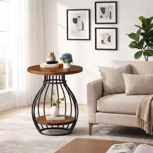 Image of Al Hama 2 Tier Coffee Table: Minimalist Nordic Style White Elegant Round Tables Tea Table Sturdy Metal Frame Corner Table Bedroom Bedside Table (Black Brown)