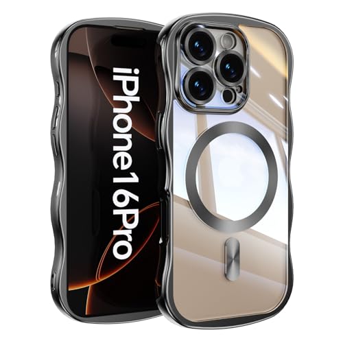 Coque iPhone 16 Pro MagSafe antichoc transparente noire fine avec bord ondulé design