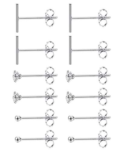 Sllaiss 6 Pairs 925 Sterling Silver Small Bar Stud Earrings Set Cubic Zirconia Earrings Tiny Ball for Men Women Different Shapes Hypoallergenic