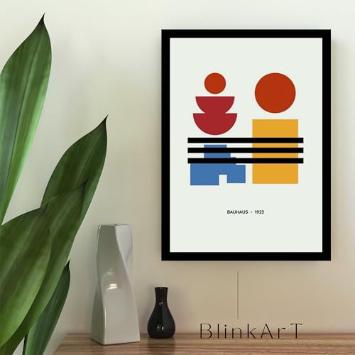 Image of BLINKART Vintage Bauhaus Retro Geometric Aesthetic Poster Gallery | Colorful Wrap Framed For Home Office Studio Living Room Modern Art Studio Decoration Abstract Shapes | (d78) | 13x10 Inch