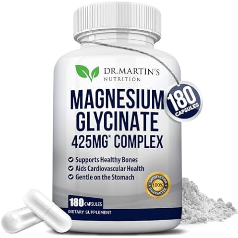 Premium Magnesium Glycinate 425mg - 180 Vegan Capsules - Helps with Stress Relief, Sleep, Muscle Cramps & Healthy Heart | Cover