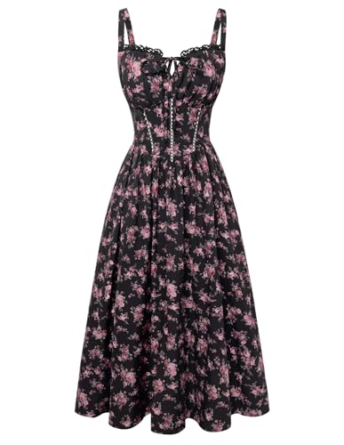 Scarlet Darkness Women 2026 Floral Corset Dress Summer Milkmaid Sundress Wedding Guest Dresses with Pockets Black Pink Floral M