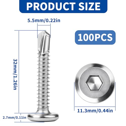 100 Stück Selbstschneidende Schrauben 410 Edelstahl 5.5x32mm Blechschrauben Flachkopf Innensechskantschrauben Bohrschrauben Edelstahl mit Innensechskantbohrer Fassadenschrauben Metallschrauben Silber