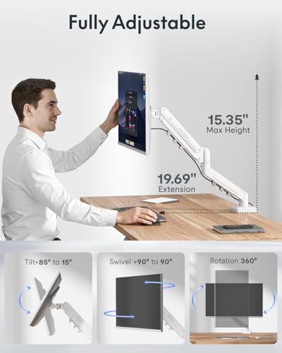 Image of Flexispot Single Monitor Arm, 17-32 Inch Monitor Mount up to 19.84 lbs, Fast Install VESA Mount for Home Office Gaming, Full Adjustable Gas Spring with C-Clamp and Grommet Base, White