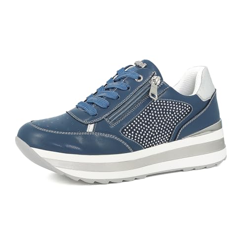 Sneakers Donna in Ecopelle con Inserto di Brillantini e Suola Bicolore, Scarpe da Ginnastica con Lacci e Cerniera, Blu, 40