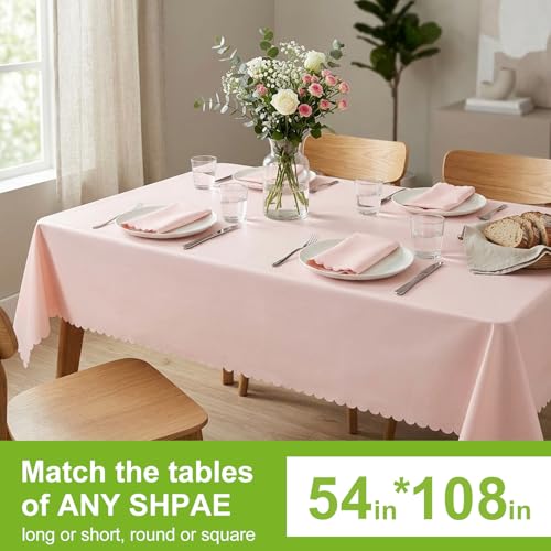 Image of Oigco 3 Pack Pink Plastic Tablecloth - 54 inch x 108 inch Light Pink Rectangle Disposable Scalloped Table Cloth, Pastel Plastic Cover for Birthday, Baby Shower, Wedding, Pink Party Decorations