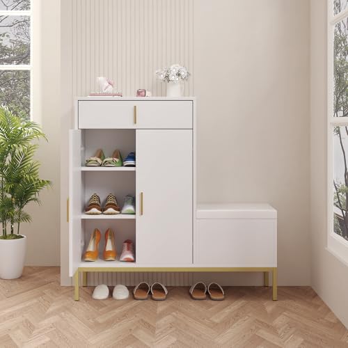 Image of HedoAjim L-Shaped Shoe Storage Cabinet with Bench, Entryway Shoe Cabinet with Drawer, Modern Freestanding Shoes Organizer Cabinet for Entryway Hallway Front Door, White