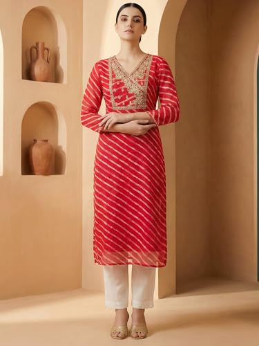 Image of INDO ERA Women's Georgette Leheriya Printed Straight Calf Length Kurtas (IEAI12232)