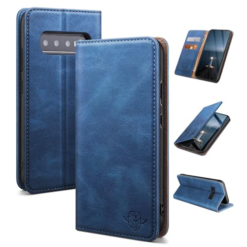 SUANDUCK for Samsung Galaxy S10 mobile phone case magnetic leather flip case with RFID-blocking card compartment adjustable stand and 360 drop protection with Samsung S10 Light Blue