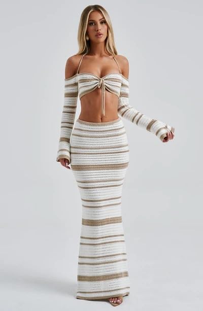 Set Gonna da Donna in Maglia all'Uncinetto in 2 Pezzi Top in Maglia con Volant Gonna Lunga Aderente a Righe Copricostume da Spiaggia Streetwear(Brown,L)