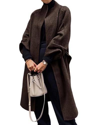Image of Cicy Bell Womens Long Pea Coats Oversized Wrap Wool Blend Trench Coats Winter Open Front Cardigan Overcoats