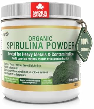 Herba Organic Spirulina Powder 250g – Organic & Tested for Microcystins, Heavy Metals & Contamination | Made in Canada | Sourced from Inner Mongolia | Pure Spirulina Powder Organic Canada
