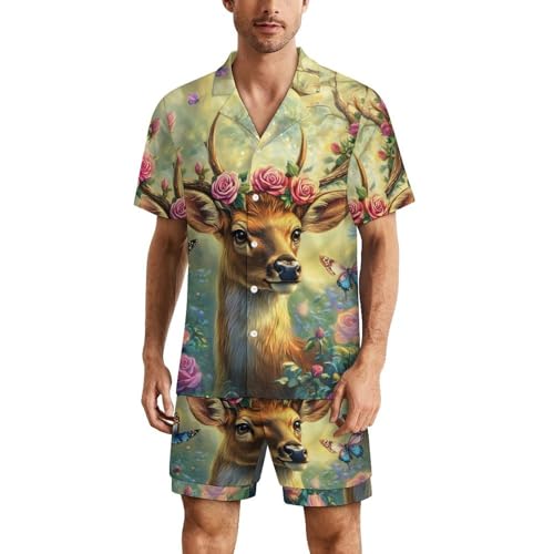 Deer Flowers Mens Pajamas Set Short Sleeve Sleepwear Summer Pjs Sets 2 Piece Loungewear Nightwear