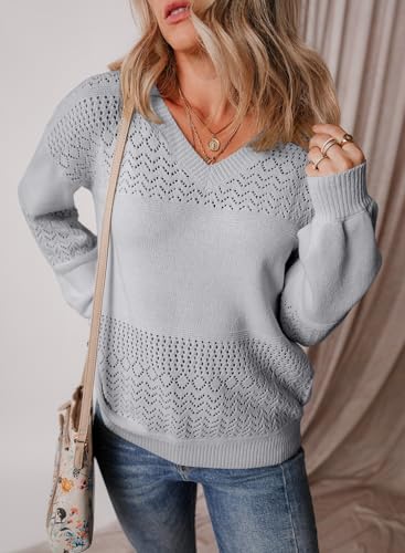 Image of SHEWIN Women's Sweaters Casual Long Sleeve V Neck Crewneck Lightweight Crochet Pullover Sweater Tops