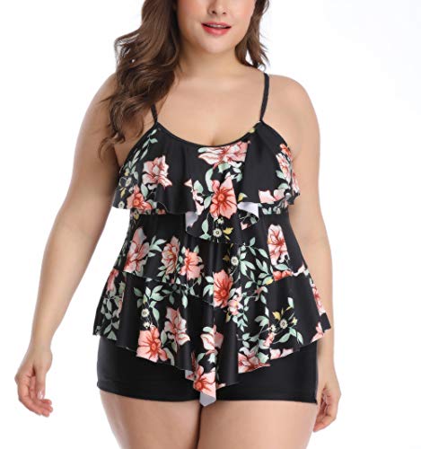 CNSTORE Women Tankini Set Plus Size Bathing Suit Flounce Printed Two Piece Swimsuits Tummy Control