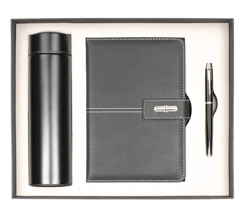 Shadow Breeze A5 Leather Notebook, Insulated Thermos and Executive Pen Gift Set in Premium Gift Box, 172 Pages 100GSM Ruled Pages, 12 oz, Great Gift for Business, School, Home (Black)