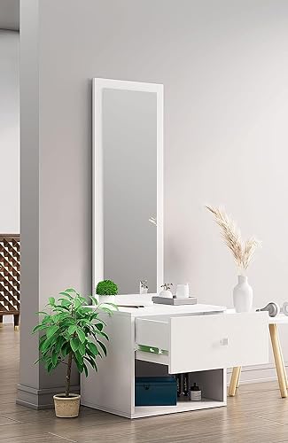 Image of Bniture Wooden Dressing Table for Bedroom with 1 Drawer, Mirror and Huge Storage Space | Long Dresser Vanity Table with Mirror (42D x 60W x 180H CM) (Frosty White, HXDR105)