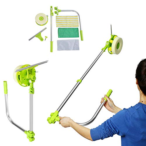 Mulpurpose 2 in 1 Window Cleaning Tool - U Shaped Telescopic High Rise Window Cleaner, Adjustable Sponge Head and Squeegees Kit for Office, Cars and Bathroom, 1.4m Extendable Pole, Green