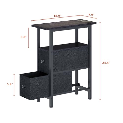 TRIFEBLE End Table with Charging Station, Narrow Side Table with 2 Fabric Drawers, Skinny Nightstand with LED Light, Slim Bedside Table for Bedroom, Living Room, Small Spaces, Black
