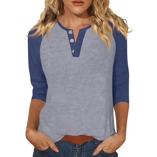 Top estivo da donna con scollo a V abbottonato manica a 3/4 Henley t-shirt blocchi di colore leggero casual camicette da donna, Grigio&3, S Top estivo da donna con scollo a V abbottonato manica a 3/4 Henley t-shirt blocchi di colore leggero casual camicette da donna, Grigio&3, S