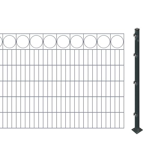 Schmuckzaunset inkl. Pfosten zum Aufschrauben (Höhe: 120 cm, Länge: 4,2 m) | Doppelstabmatten mit Zierleiste 'Ring', Anthrazit | UV- und witterungsbeständig