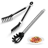 Spaghetti Spoon and Pasta Tong with Grip Teeth and Drain Holes, 2-Piece Non-Stick Silicone Head with Stainless Steel Handle, Heat Resistant Food Grade Utensils for Cooking, Serving, Salad and Noodles