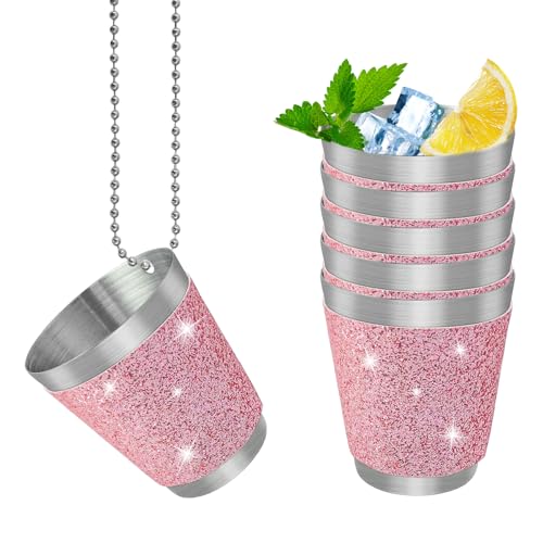SyiXute 6 Pcs Shot Glasses with Necklaces Shot Glasses Stainless Steel Pink 30 ml Hen Party Shot Glass for Bachelorette Decorations Theme Party Supplies