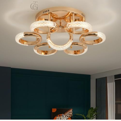 Image of Modern Ring Cluster LED Ceiling Fixture-6+1| Sculptural Blooming Rings Mount with 3C LED | French-Gold Decorative Fixture for Bedroom, Living Room & Dining Room