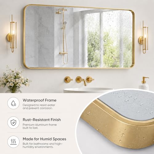 Image of 30 inchx40 inch Rounded Corners Gold Bathroom Mirror - Metal Framed with HD Shatter-Proof Glass, Wall-Mounted for Over Sink, Entryway, Living Room, Bedroom
