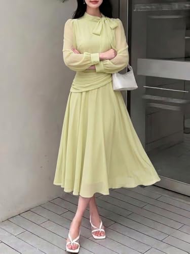 Image of SMOWKLY Women Elegant Midi Dress | Long Sleeve Fit & Flare Dress Western Dress for Women | Office, Evening, Casual & Occasion Wear