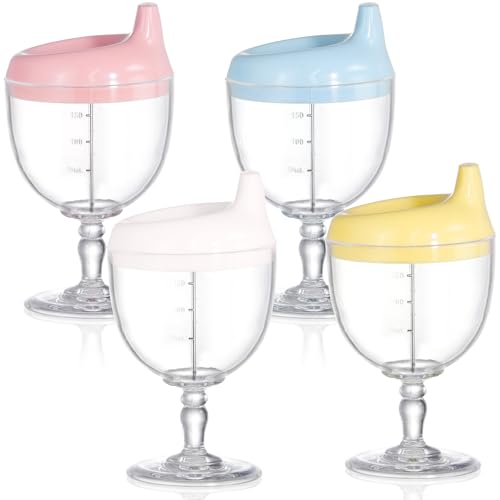 Image of Goaste 4 Pack Baby Wine Sippy Cups, Goblet Style Plastic Toddler Stemware with Lids, 6.7oz Kids Beverage Mugs for Milk Water Juice, Birthday Christmas Holiday Party Gift, Blue Pink Yellow White