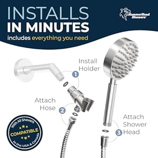 HammerHead Showers® Solid Metal LOW FLOW Handheld Shower Head with Hose and Brass Holder - BRUSHED NICKEL – Water Saving 1.75 GPM Detachable Shower Head - Adjustable Shower Wand Bracket & 6ft Hose