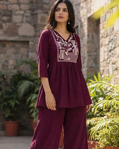 Image of Women's Rayon Kurti Set with Palazzo Pants | Embroidered V-Neck A-Line Short Kurti with 3 /4 Sleeves | Casual Ethnic Co-Ord Set for Daily Wear, Office & Festive