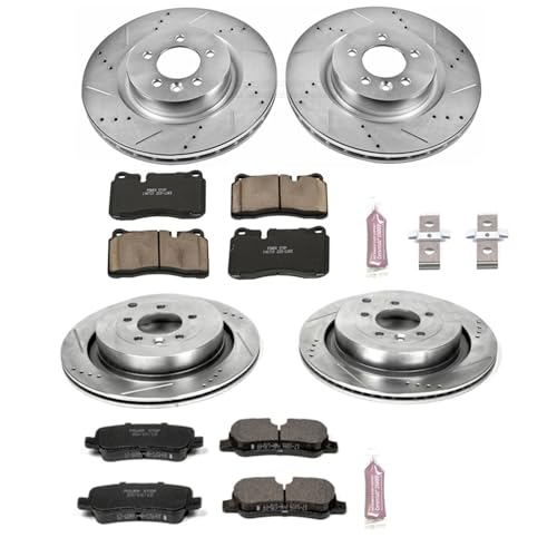 Image of PowerStop Front and Rear Brake Kit for Land Rover Range Rover Sport 2006-09 - Drilled and Slotted Disc Rotors with Carbon-Fiber Ceramic Brake Pads Replacement, K5443