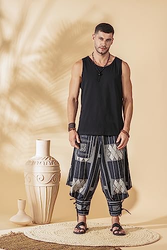 Image of The Veshti Company Cotton Baggy Pants Drop Crotch Harems for Men's Loose Boho Oversized Striped Meditation Yoga Pant with Pocket