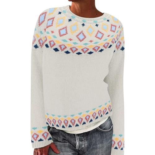 Icelandic Fair Isle Jumpers for Women Uk Vintage Fairisle Nordic Ladies Jumper Casual Loose Long Sleeve Crew Neck Knit Jacquard Pullover Sweater Stylish Retro Pattern Wool Knitwear White