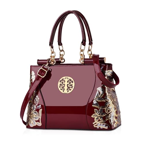 NICOLE & DORIS Sac à Main Femme Sacs Portés Main Tendance Sacs Bandoulière en Cuir Verni Shopper Grande capacité Cabas Sac Cartable élégant vin Rouge
