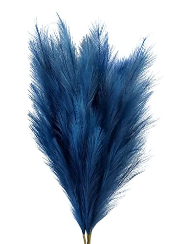 KuteDecor - 3 Stems 48" (4ft) Tall Faux Pampas Grass, Artificial Pampas Grass, Fluffy Pampas grass, Pampas Grass Decor Tall, Vase Filler, Pampas Grass Large, flores artificiales para decoracion (Blue)